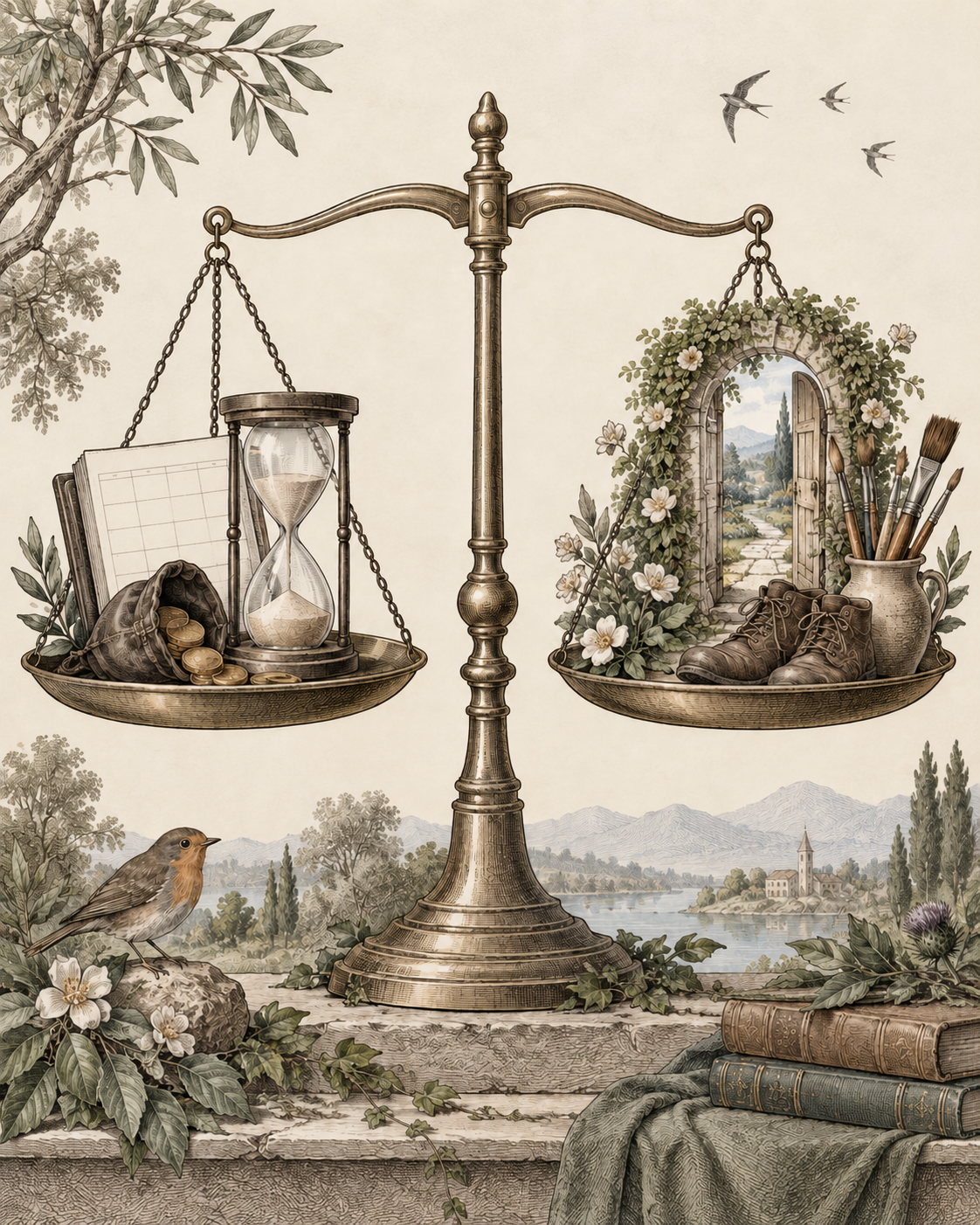 Vintage balance scale illustrating opportunity costs in time and attention.