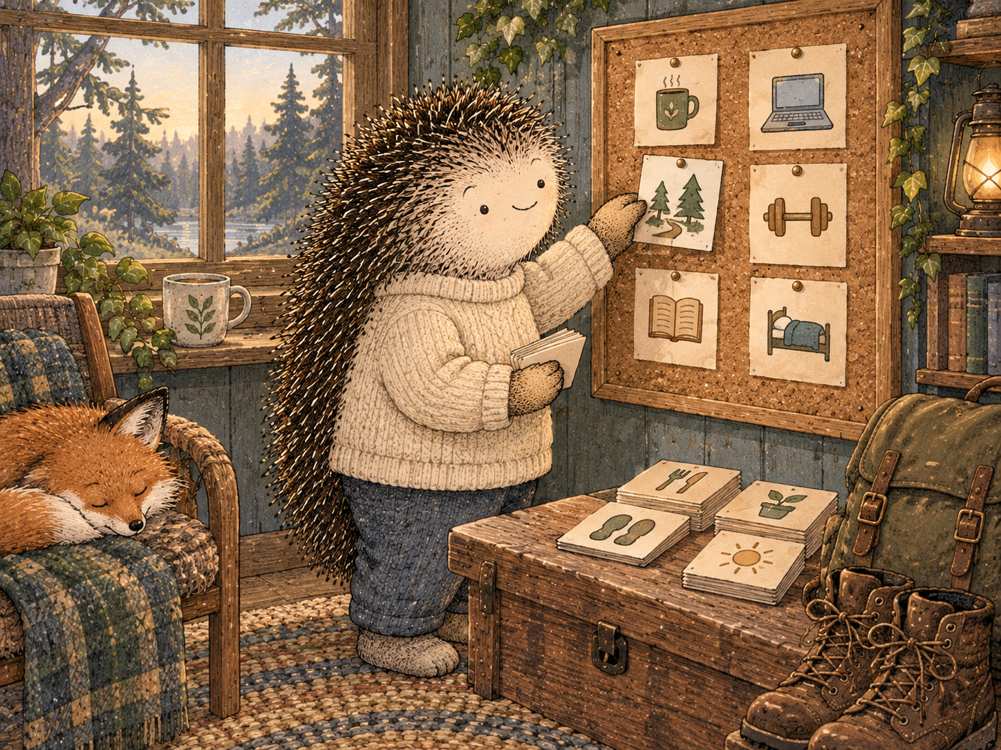 Day 313: Reanchoring Key Routines Early Can Prevent the New Job From Accidentally Redesigning the Rest of Your Life for You. Woodland hedgehog illustration.