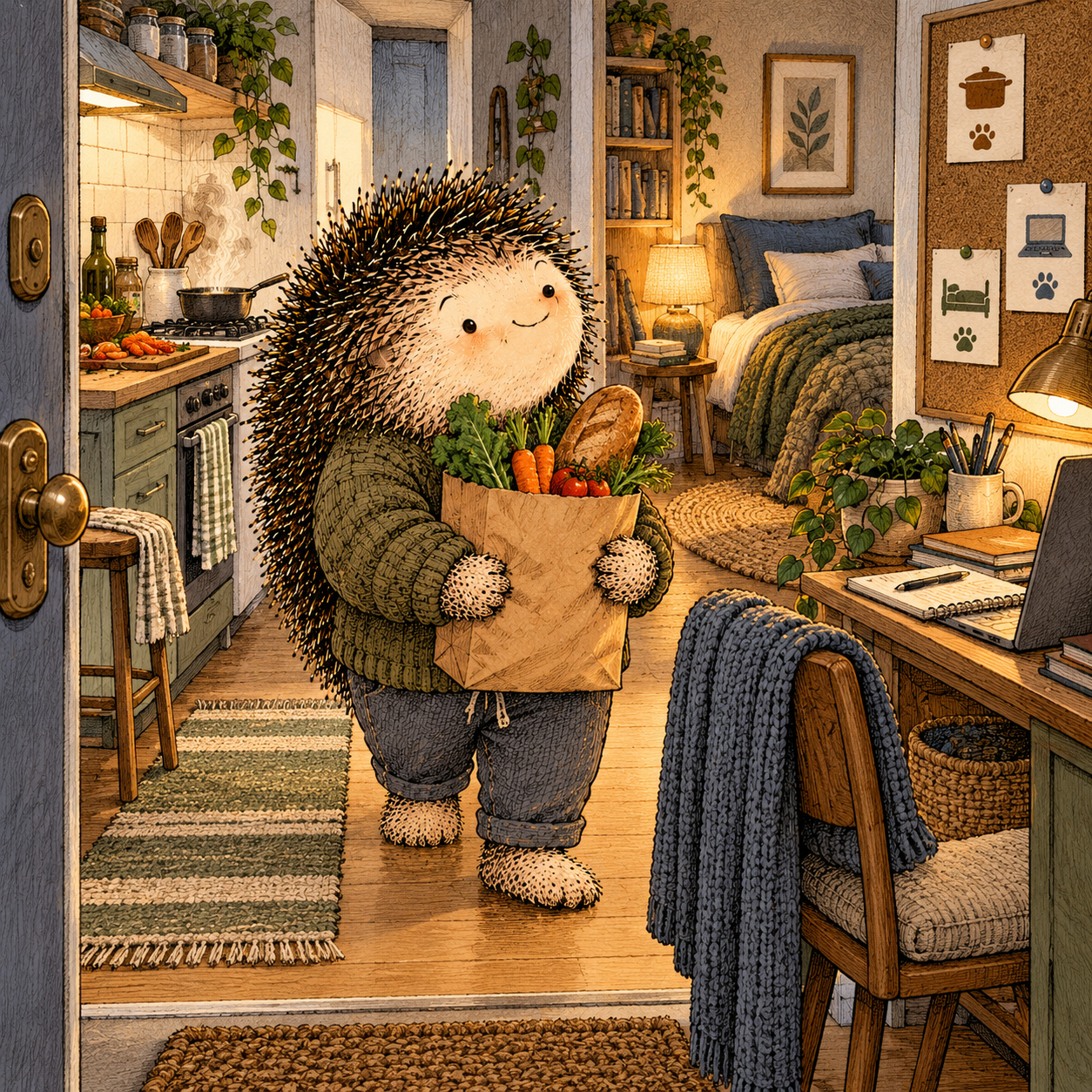 A gentle cream-faced, spiky-furred woodland companion exploring Day 288: Your Home Has Behavioral Neighborhoods
