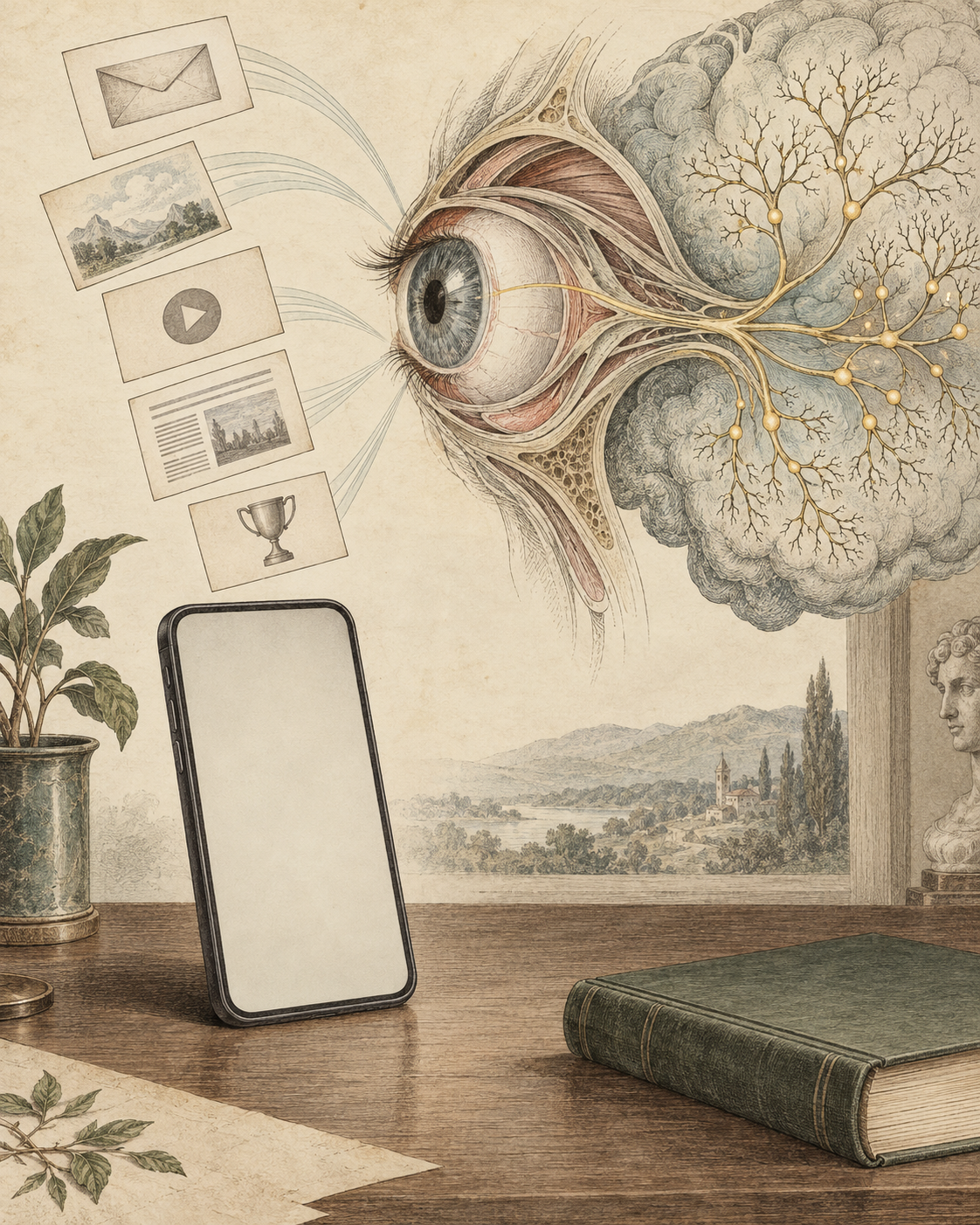 A plain phone and changing input cards beside eye and neural studies.