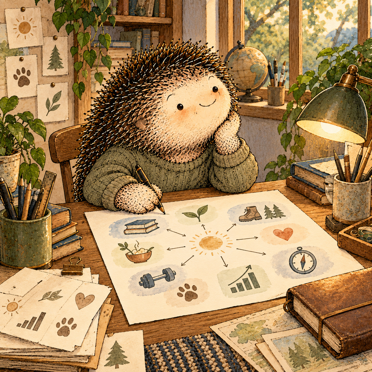A gentle cream-faced, spiky-furred woodland companion exploring Day 360: Your One-Page Operating System
