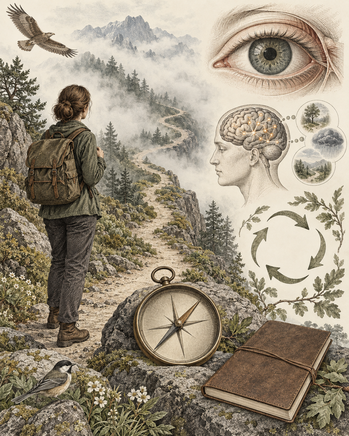 A misty winding path and plain compass beside eye and prediction studies.
