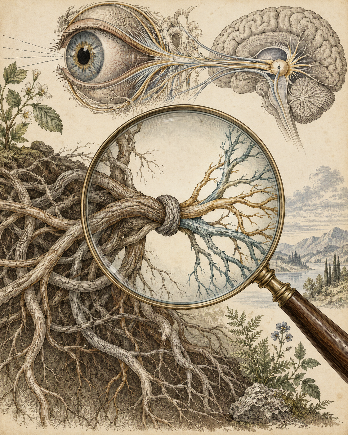 Vintage illustration of branching roots under a magnifying glass with eye and nerve anatomy.