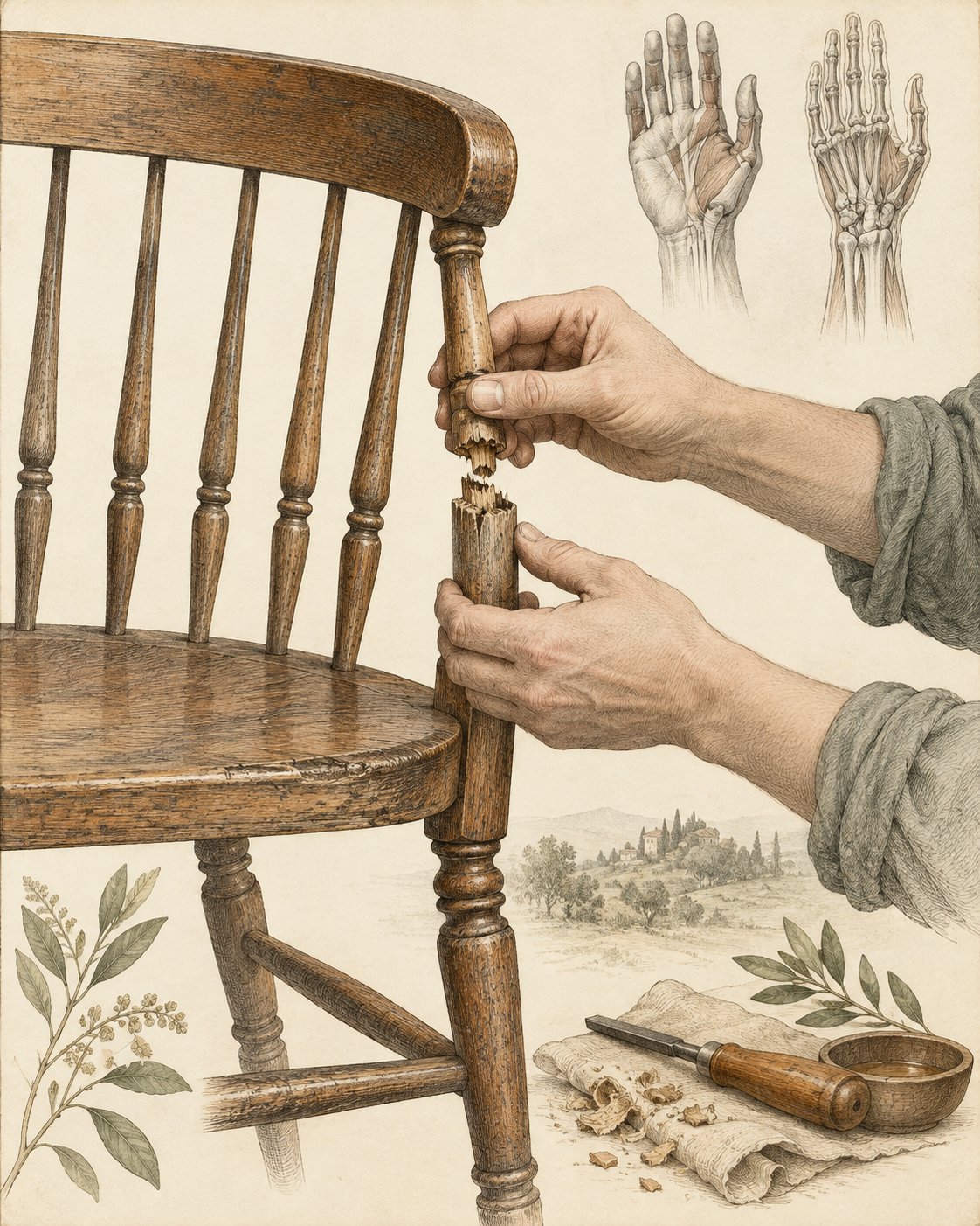 Hands repairing one broken chair joint beside anatomical hand studies.
