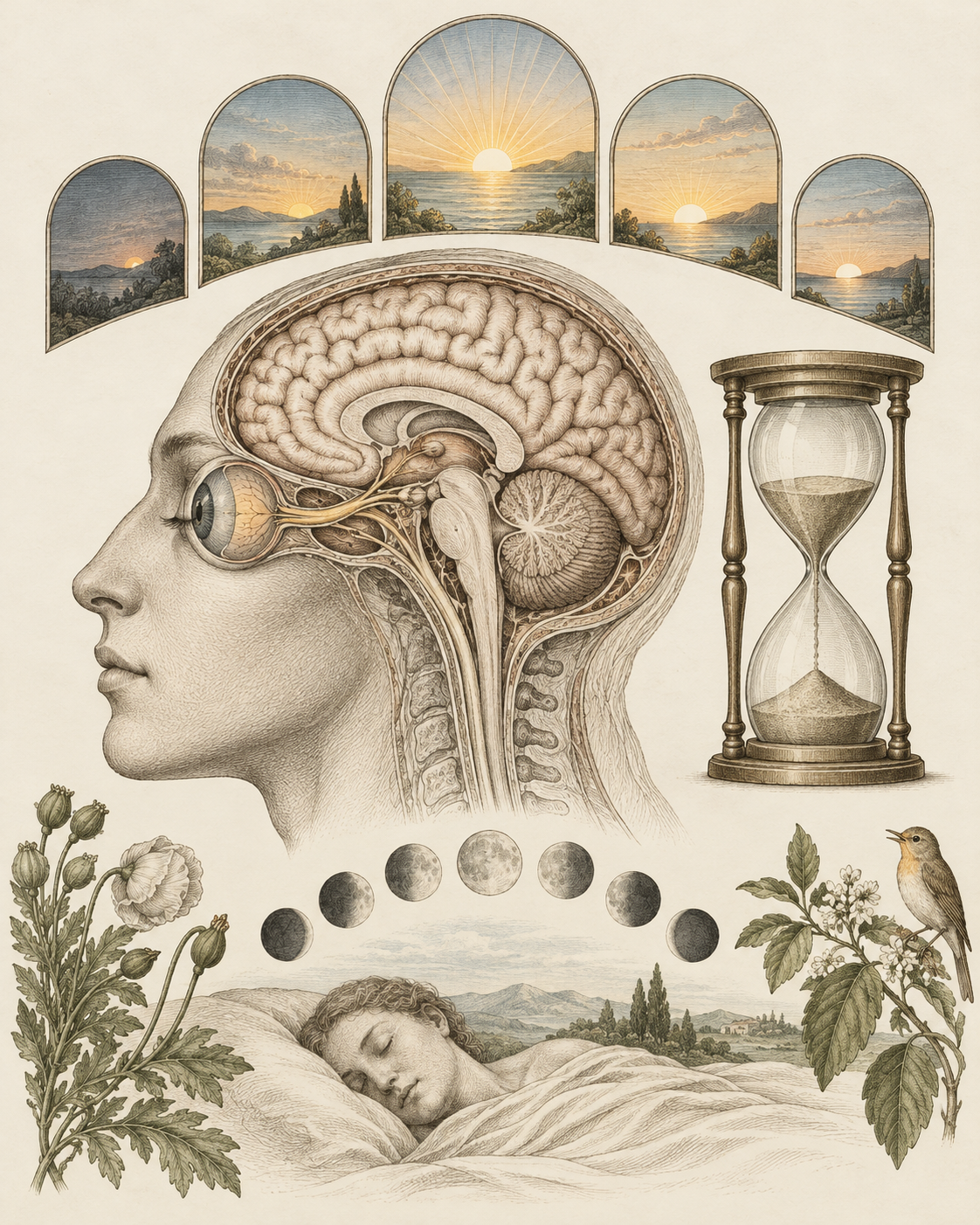 Vintage sleep-wake anatomical study illustrating stable timing and sleep pressure.