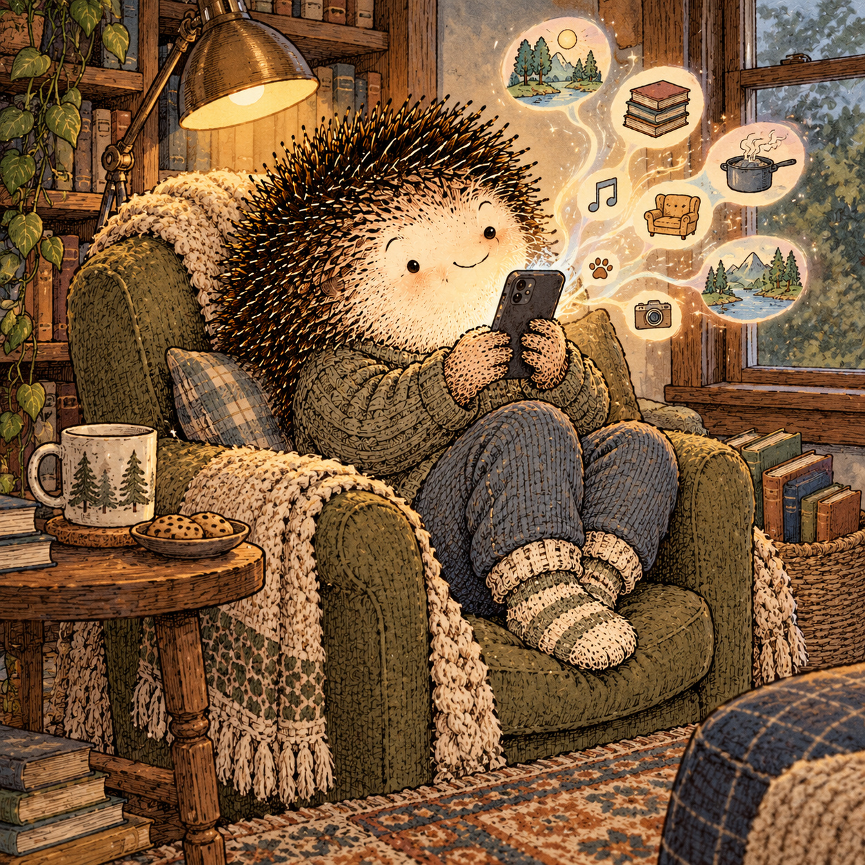 A gentle cream-faced, spiky-furred woodland companion exploring Day 286: Your Phone Is a Place You Spend Time