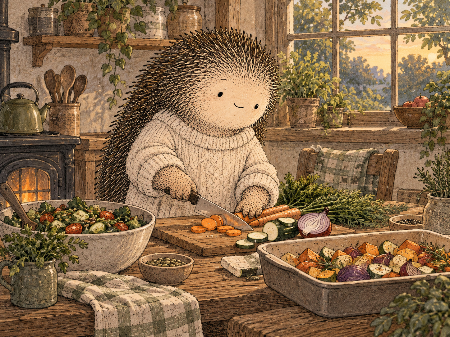 Day 102: Eating Before Depletion Can Make the Evening Feel Less Urgent. Woodland hedgehog illustration.