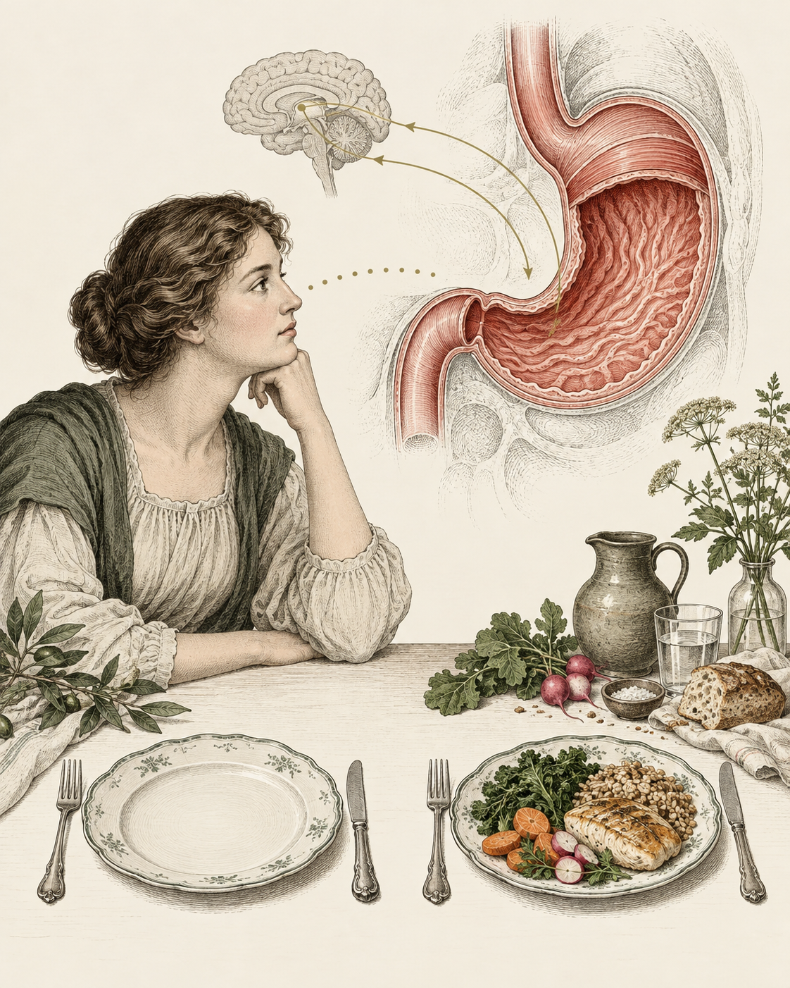 Vintage stomach and meal study illustrating hunger and decision context.