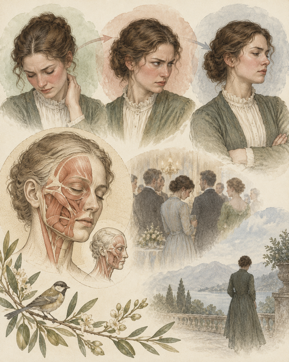 Sequential emotional expressions and facial anatomy in faded engraving.