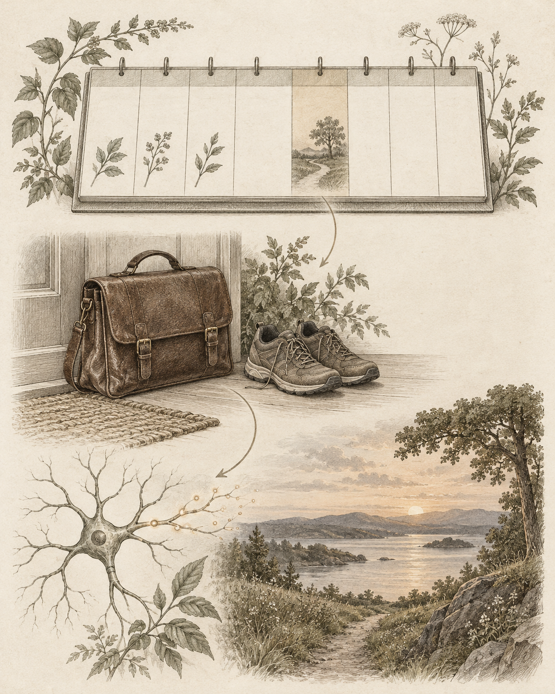 Antique illustration of weekend context, a new transition and neural learning.