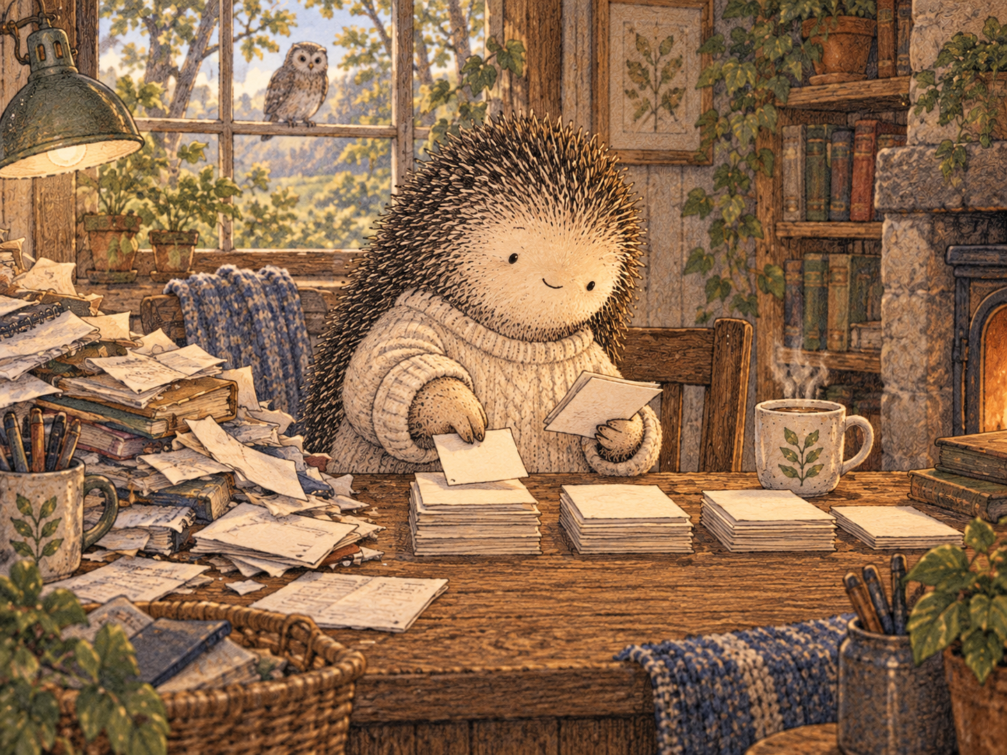 Day 134: Separating the Pile Can Reduce the Feeling Before the Work Is Finished. Woodland hedgehog illustration.
