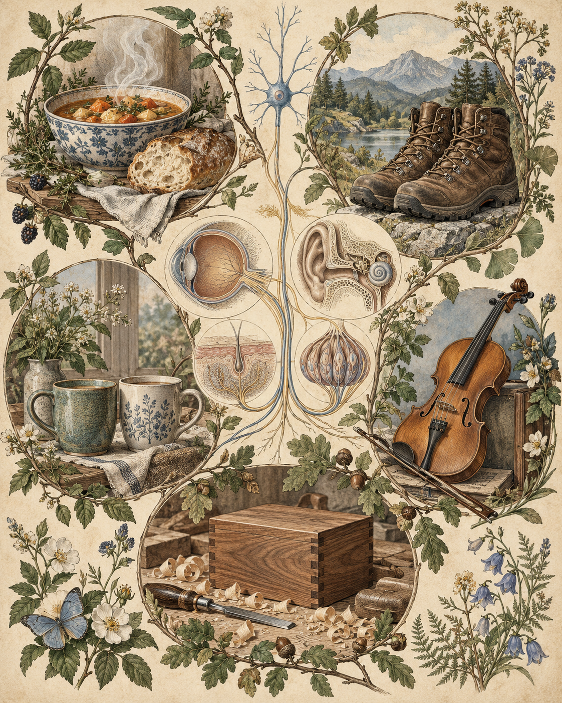 Vintage illustration of distinct sources of reward, with sensory anatomy and botanical branches.