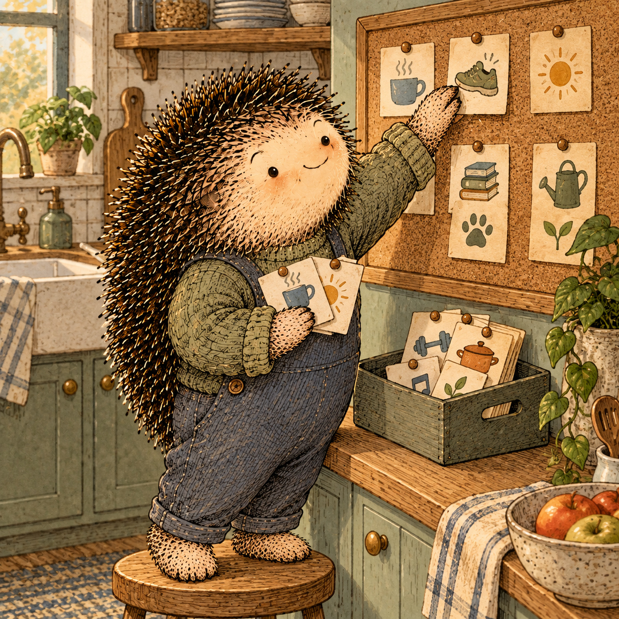 A gentle cream-faced, spiky-furred woodland companion exploring Day 119: Build Your Sustainable Routine