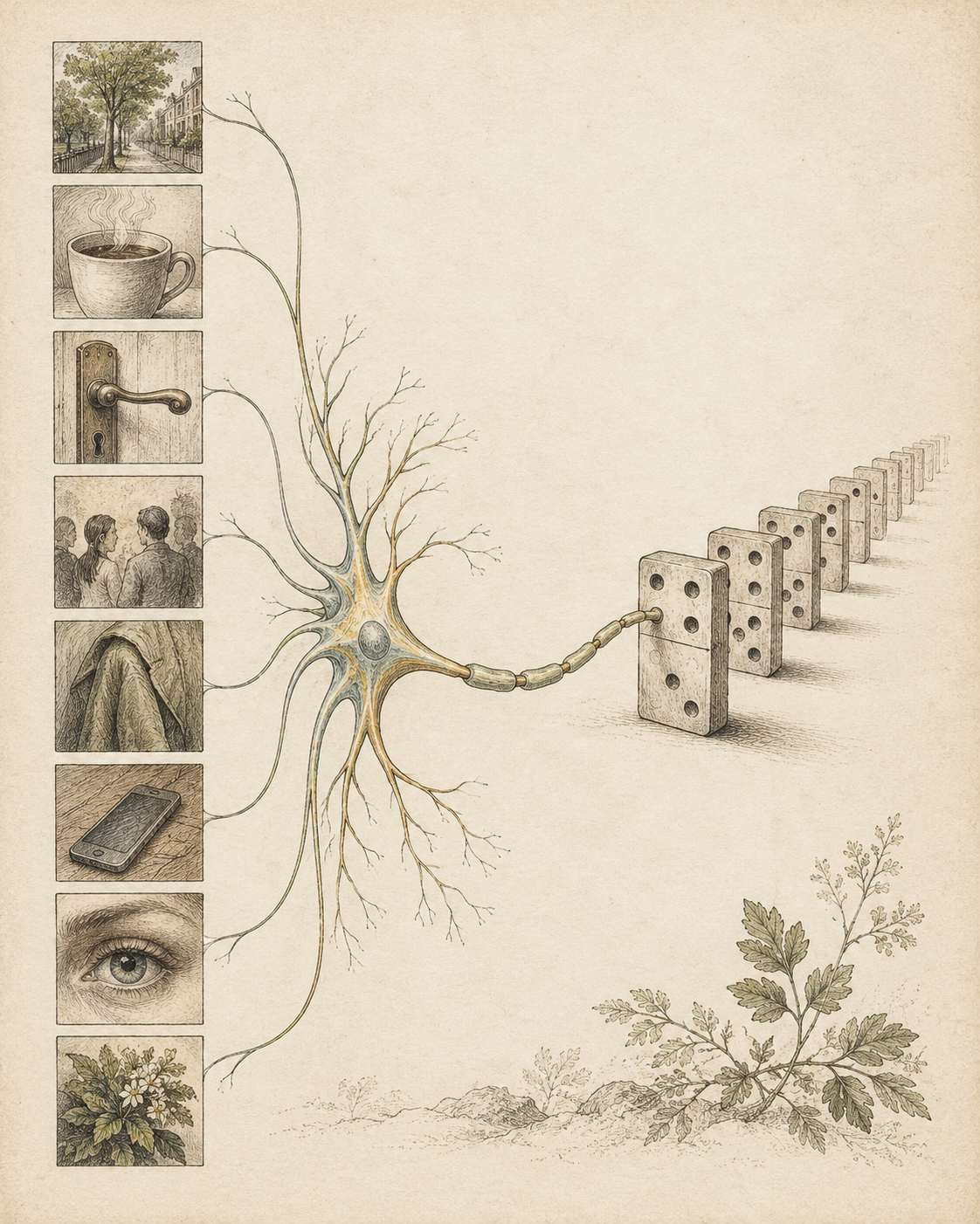 Antique illustration of everyday cues, a sensory neuron and a domino sequence.
