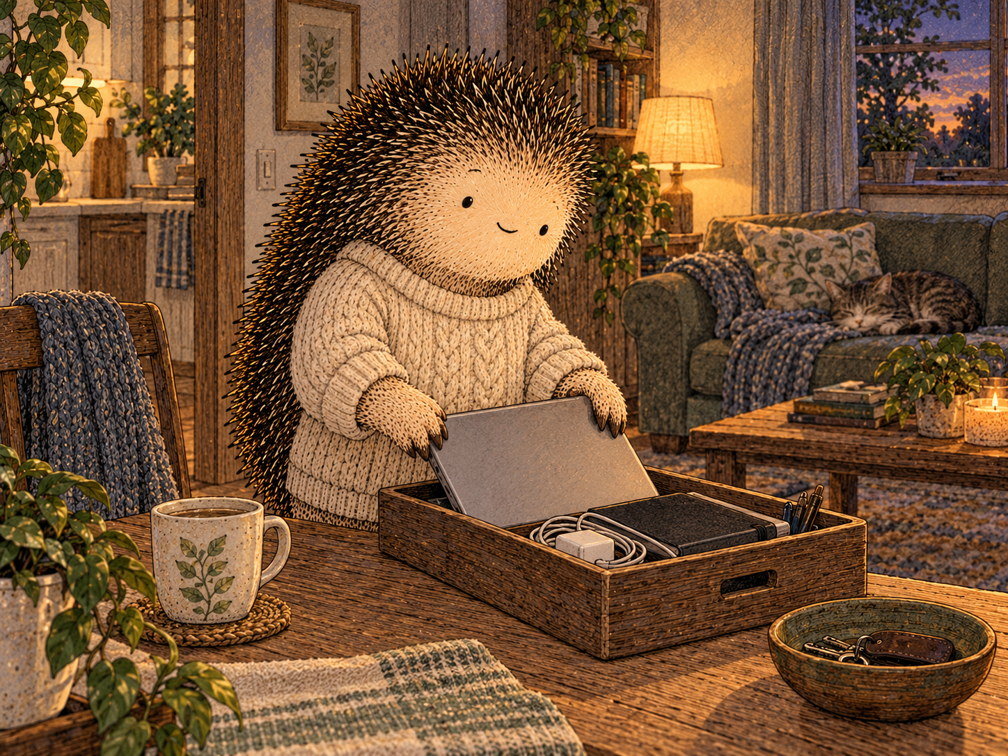 Day 34: The Evening Can Start More Cleanly. Woodland hedgehog illustration.