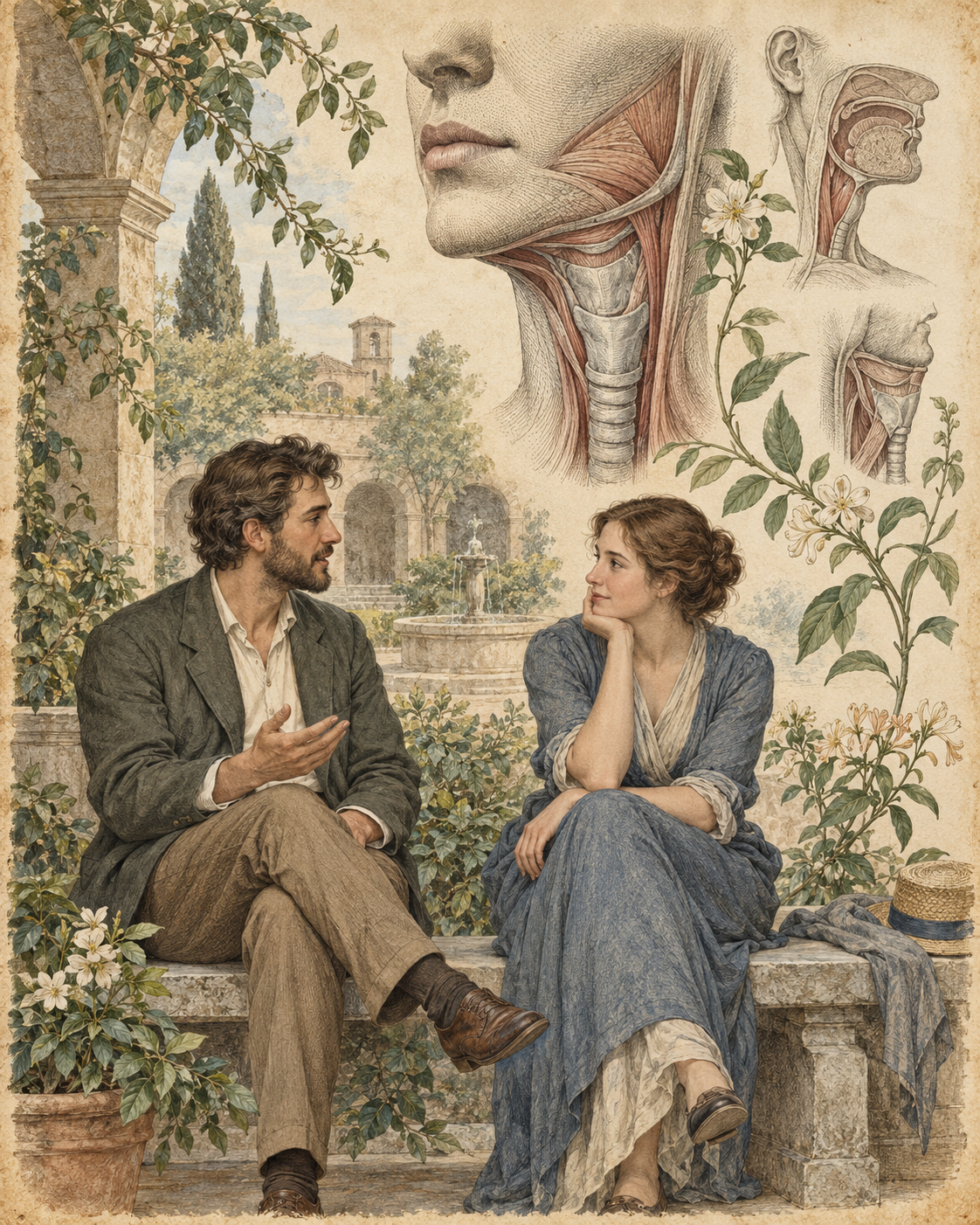 Vintage illustration of a brief conversation with anatomical voice studies.