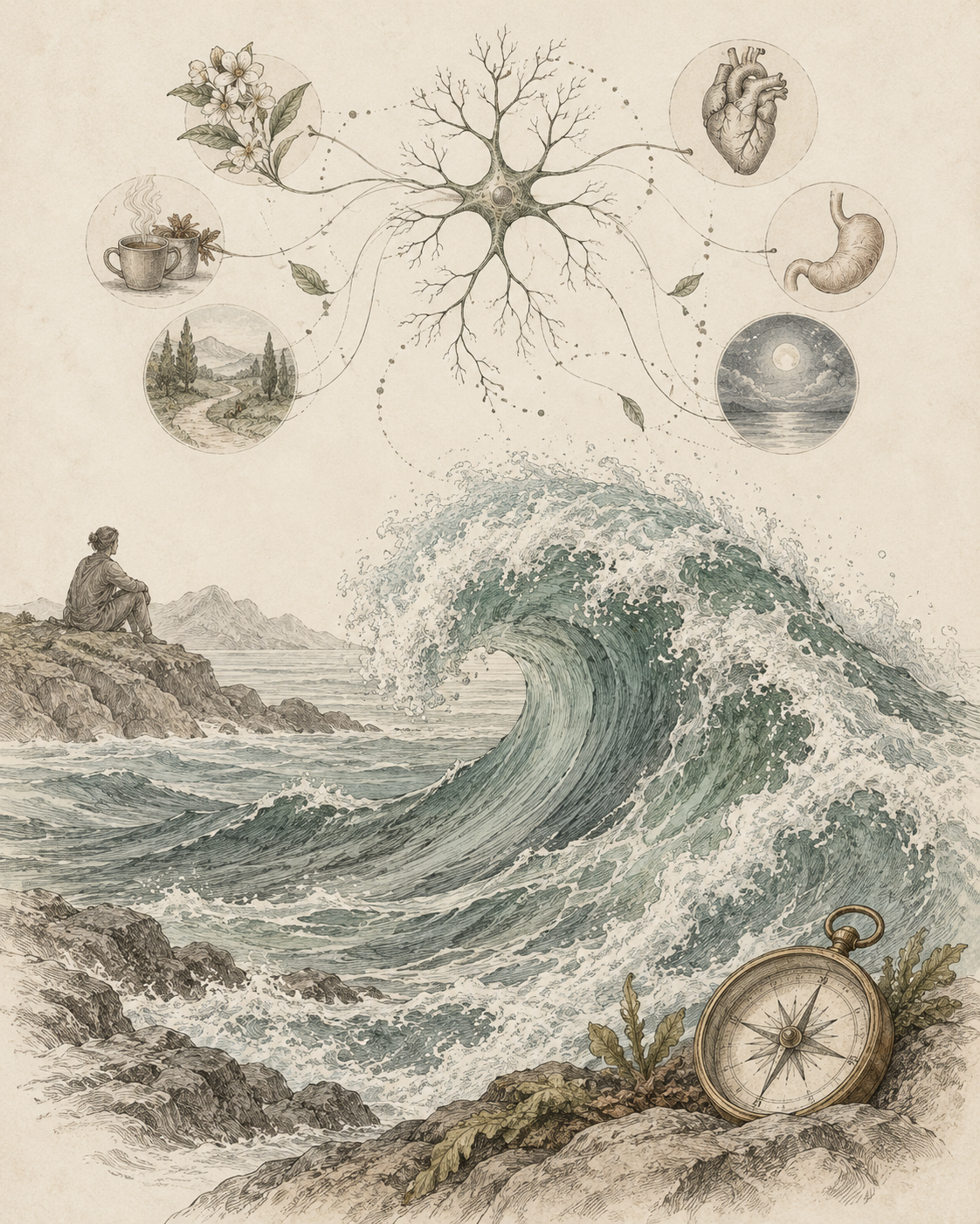 Antique illustration of a changing urge wave, sensory signals and quiet observation.