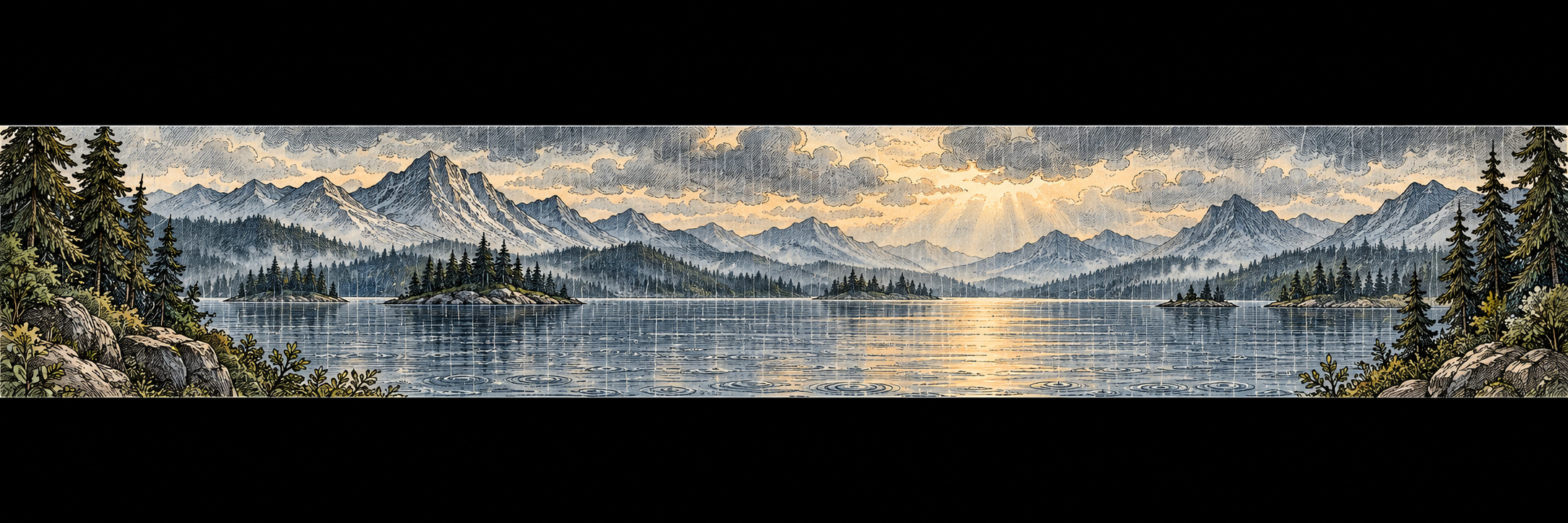 Rain on a quiet lake beneath soft blue-gray mountains