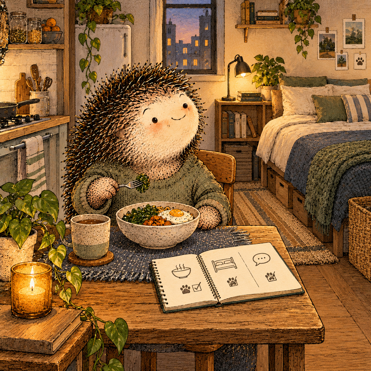 A gentle cream-faced, spiky-furred woodland companion exploring Day 323: Build Your Minimum Viable Life