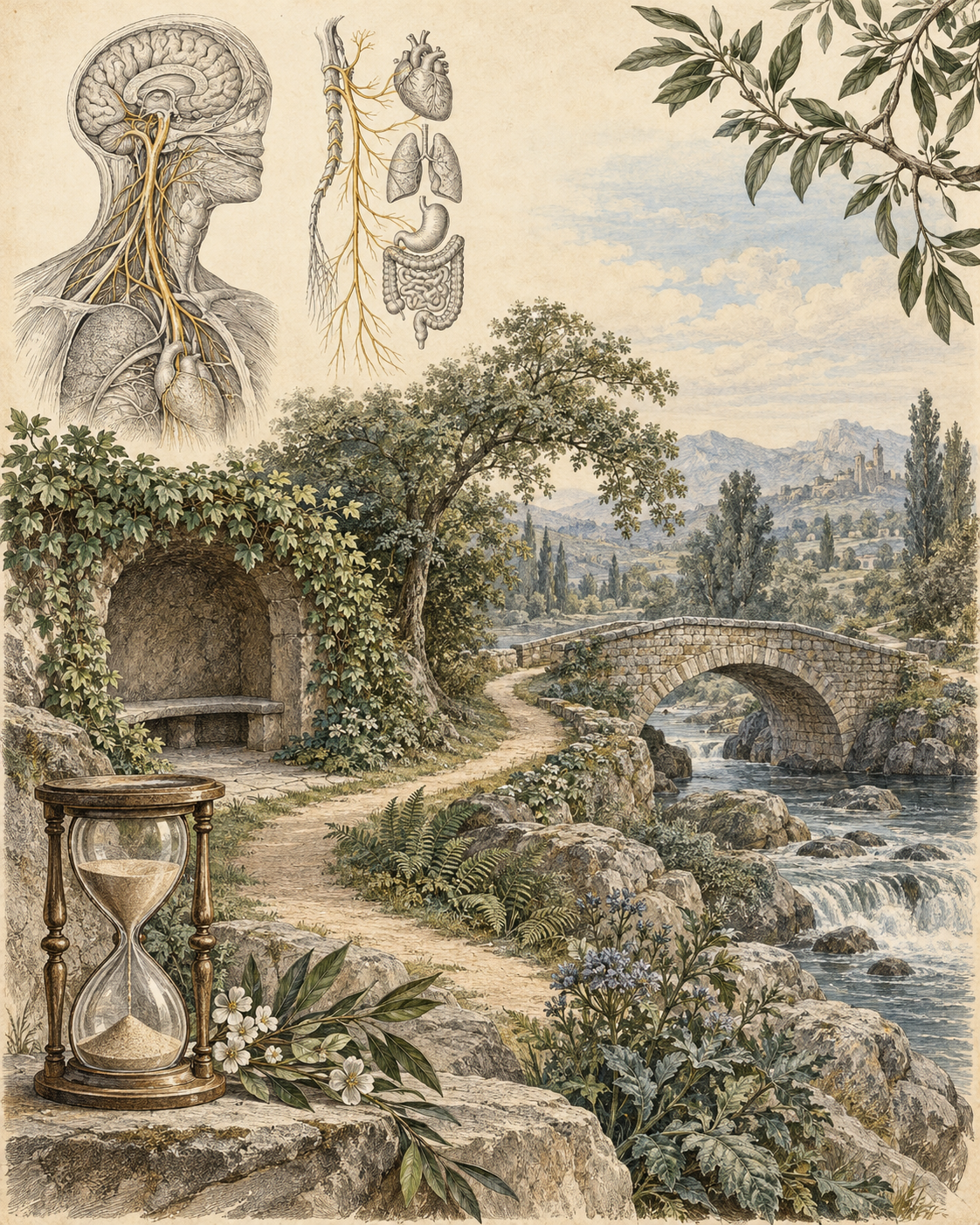 Vintage illustration of a pause-and-return path, stone bridge, hourglass, and nerve study.