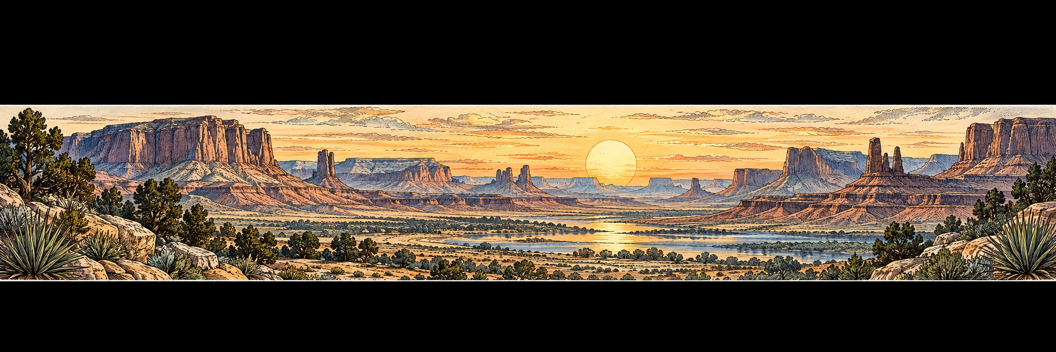 Desert mesas under a muted golden sun