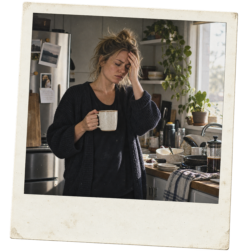 A white parent in cluttered kitchen taking a breath while morning chores wait, irritated everyday moment, no children blamed.