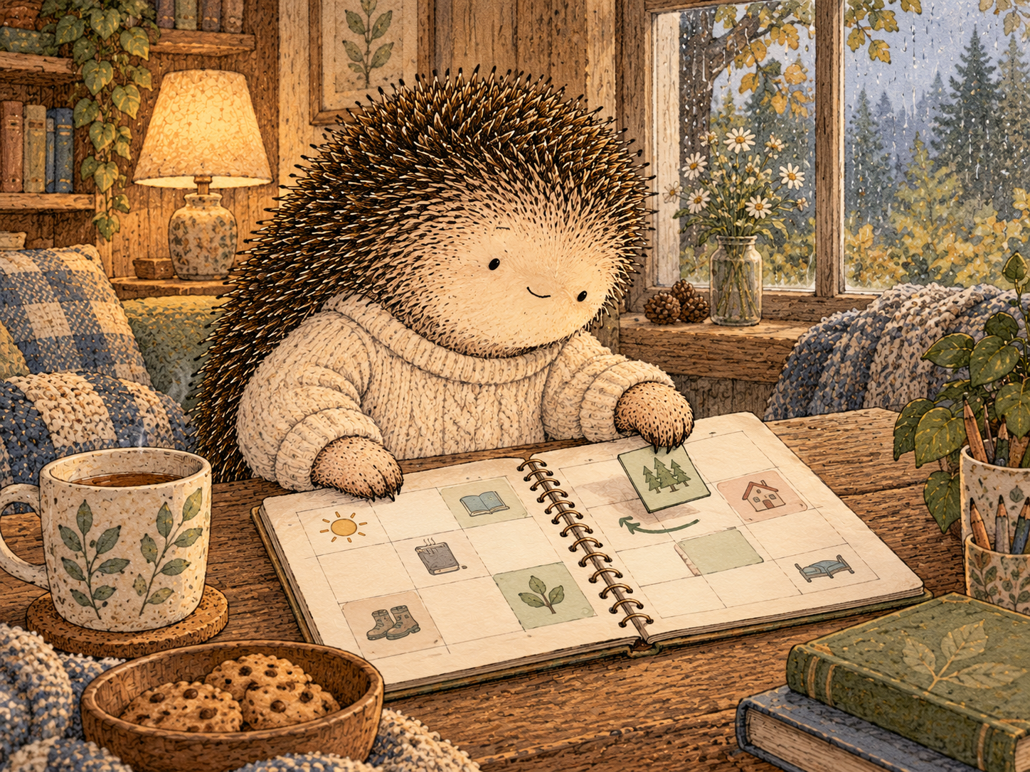 Day 299: A Humane Calendar Can Reduce the Number of Normal Disruptions That Turn Into Stress Spirals, Abandoned Plans or Relief-Seeking. Woodland hedgehog illustration.