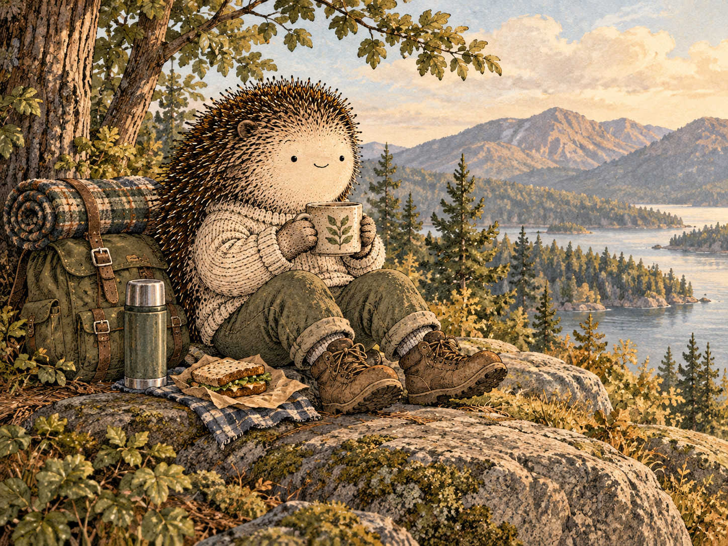 Day 242: Contentment Lets the Present Have Value While the Future Is Still Under Construction. Woodland hedgehog illustration.