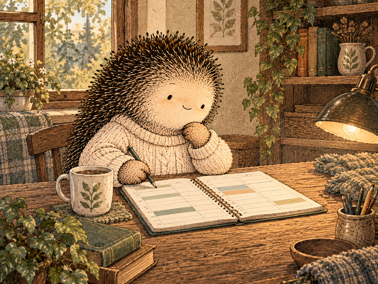 Day 230: Keeping Some Margin Prevents the Next Ordinary Disruption From Immediately Recreating Overload. Woodland hedgehog illustration.