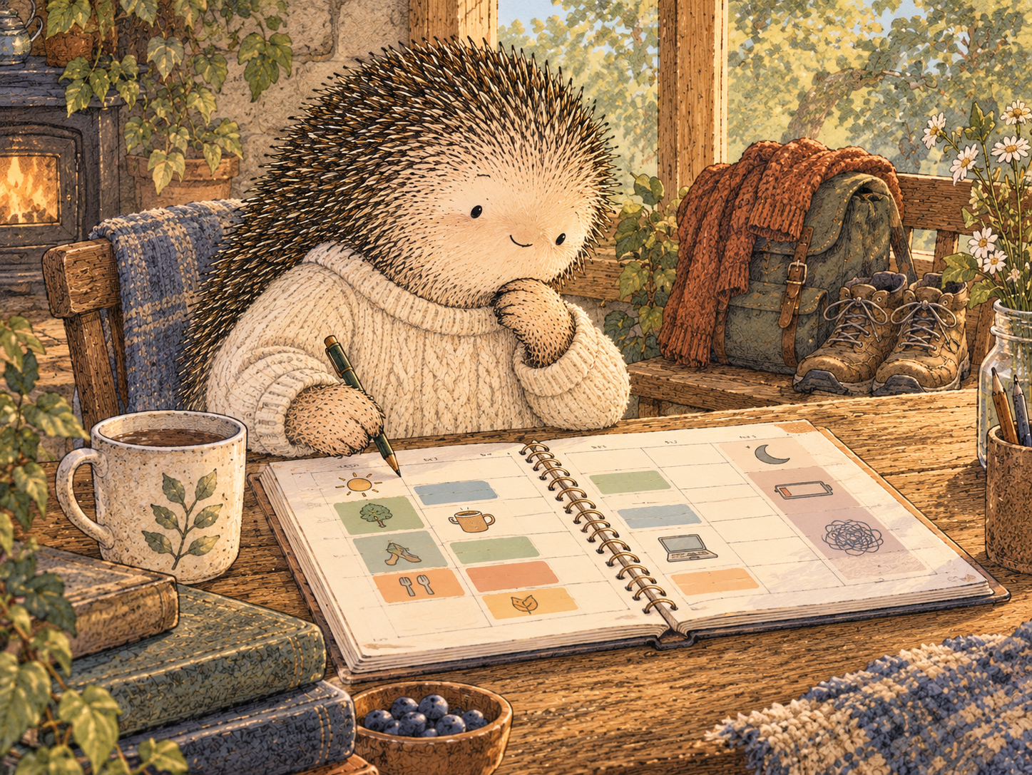 Day 294: Reading the Calendar as an Environment Helps You Fix Upstream Conditions Instead of Repeatedly Fighting Downstream Behavior. Woodland hedgehog illustration.