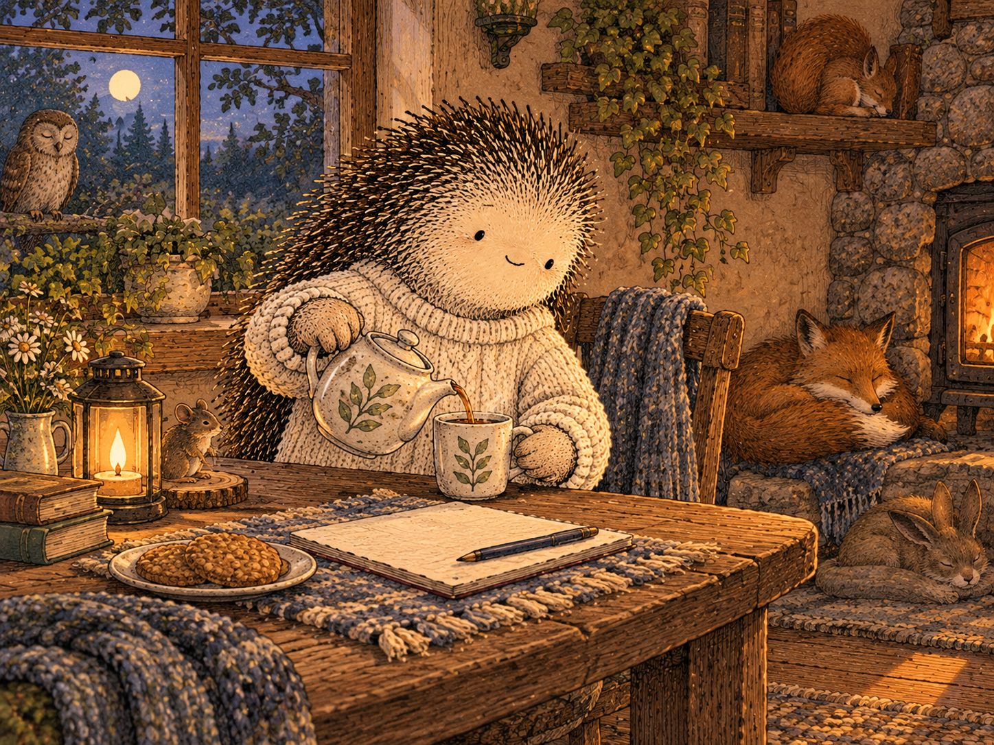 Day 37: The Night Stops Feeling Like One Giant Decision. Woodland hedgehog illustration.