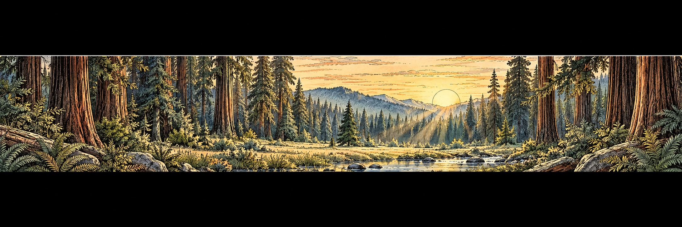Tall redwood forest with a sunlit clearing
