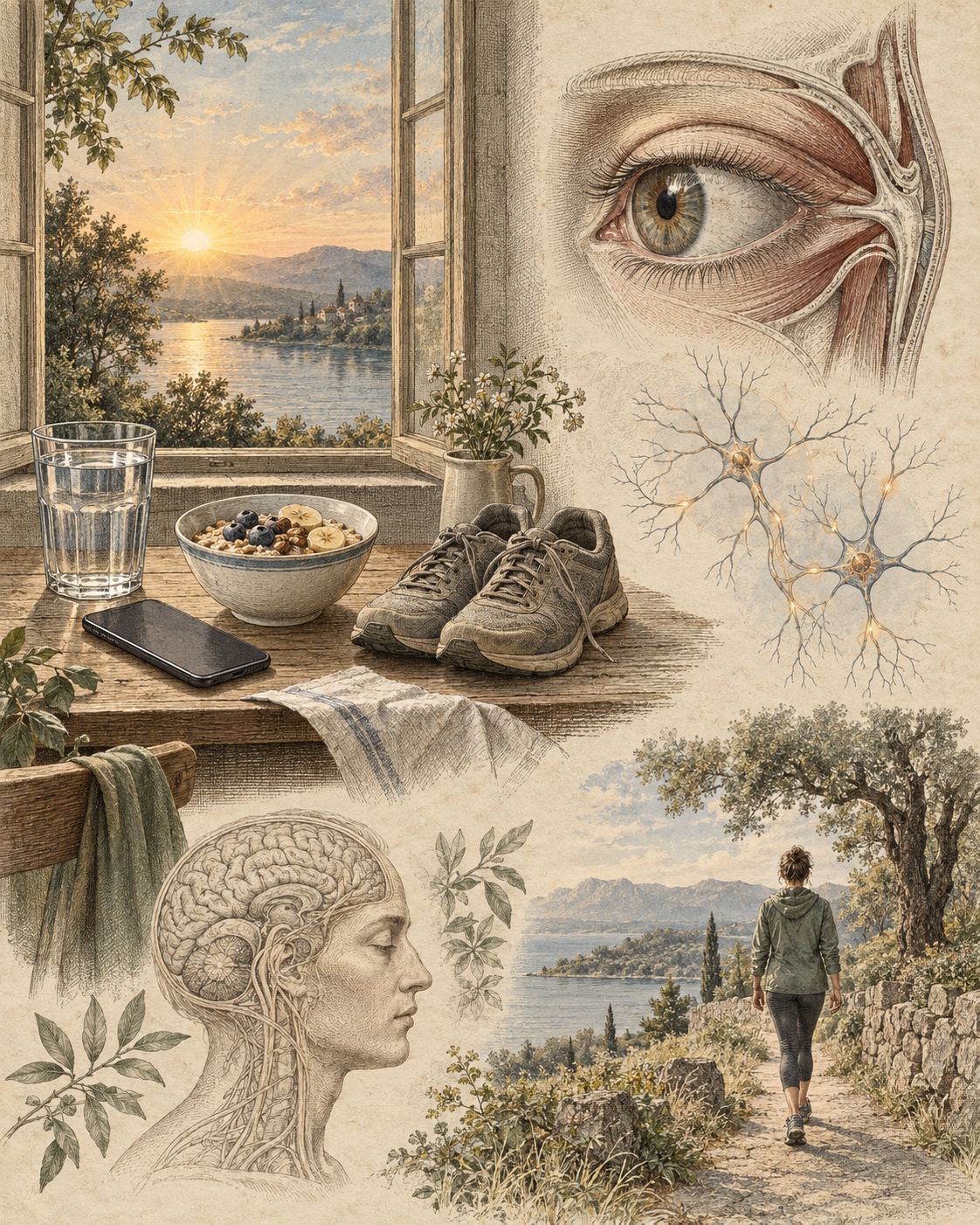 Sunrise, breakfast and walking shoes with anatomical attention studies.