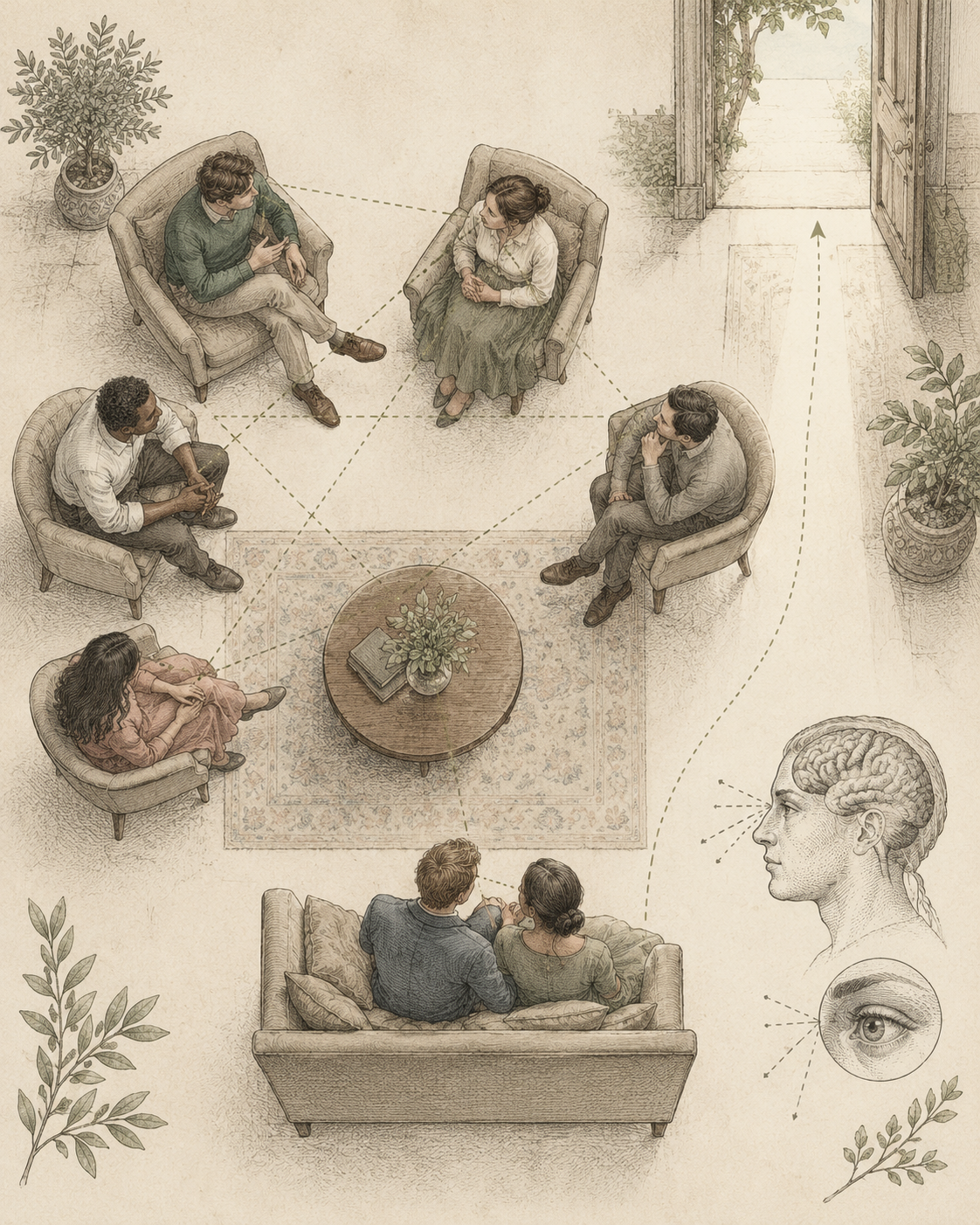Antique illustration of social cues, a supportive ally and an available exit.