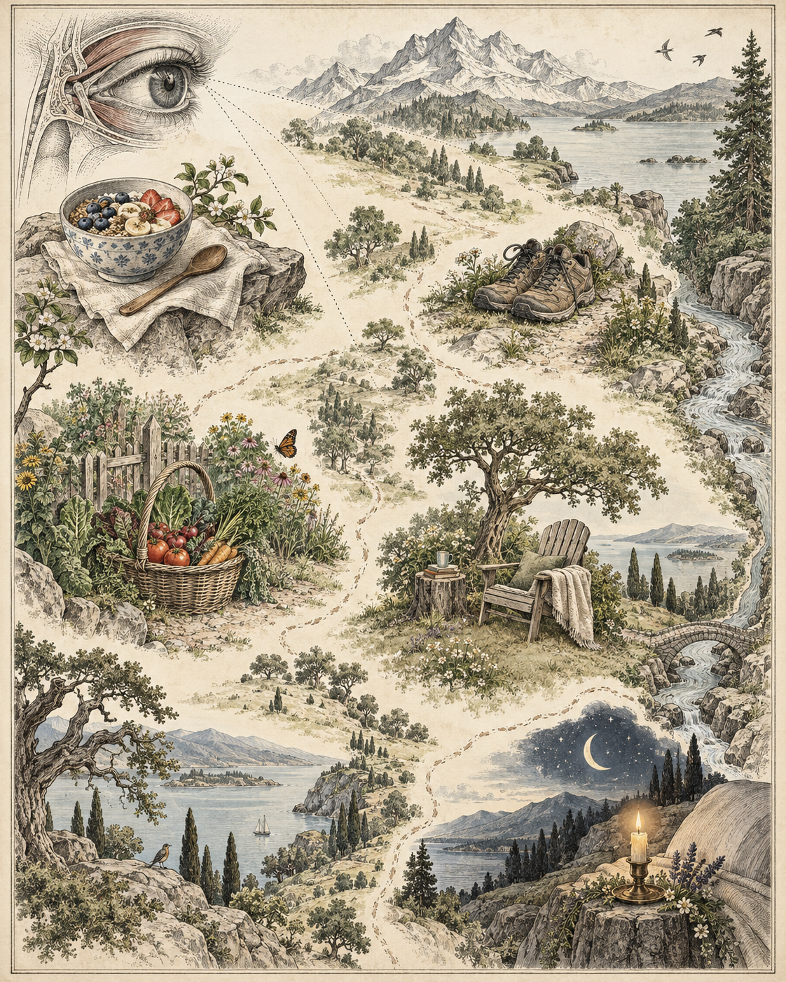 Vintage weekend landscape illustrating flexible anchors with open decision space.