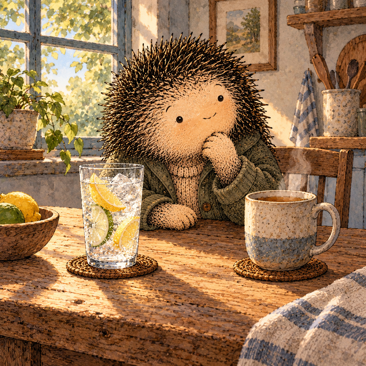 A gentle cream-faced, spiky-furred woodland companion exploring Day 19: Replacement Drinks: Helpful or Triggering?