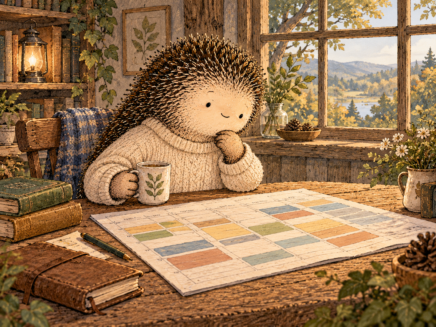 Day 344: Looking at Time in Larger Units Can Reveal Where Habit Has Quietly Become a Major Life Allocation. Woodland hedgehog illustration.