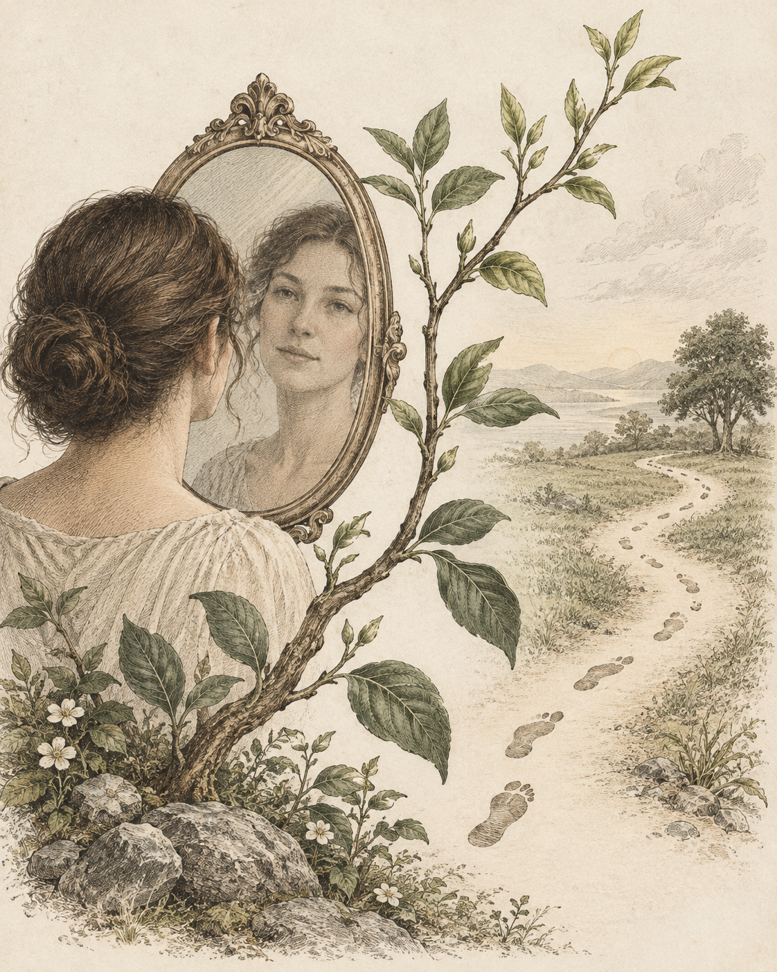 Antique illustration of a mirror, repeated footsteps and emerging growth.
