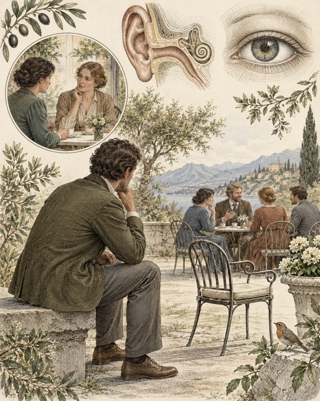 An adult beside an empty chair, a distant group and a separate listening conversation.
