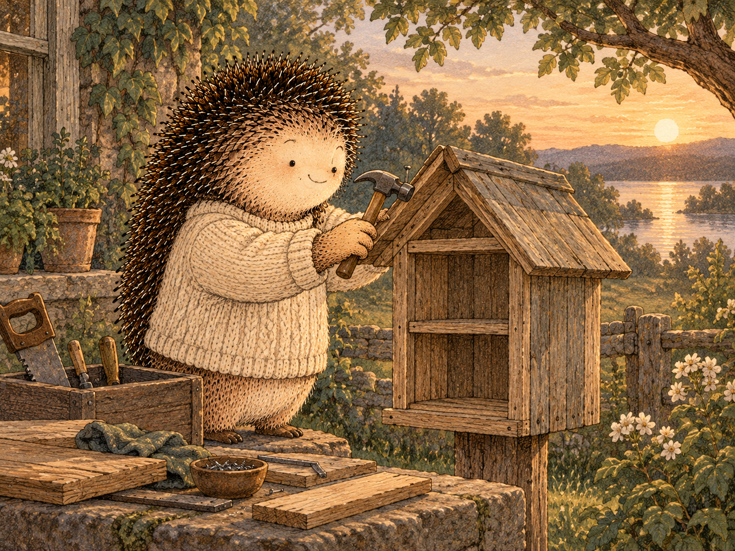 Day 215: A Concrete Build Gives the Back Half of the Reset Its Own Story. Woodland hedgehog illustration.