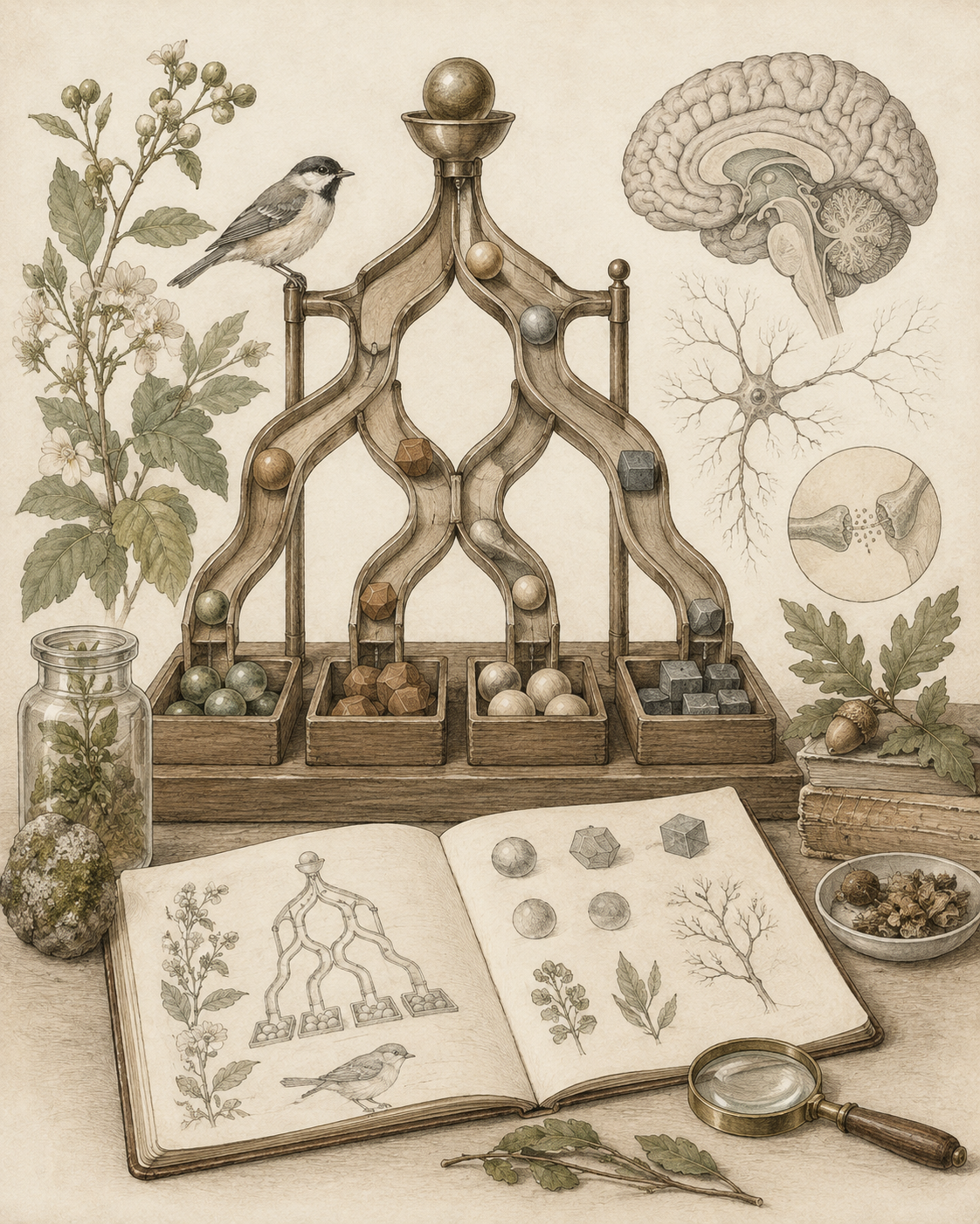 Vintage branching learning apparatus illustrating predictions updated by varied outcomes.