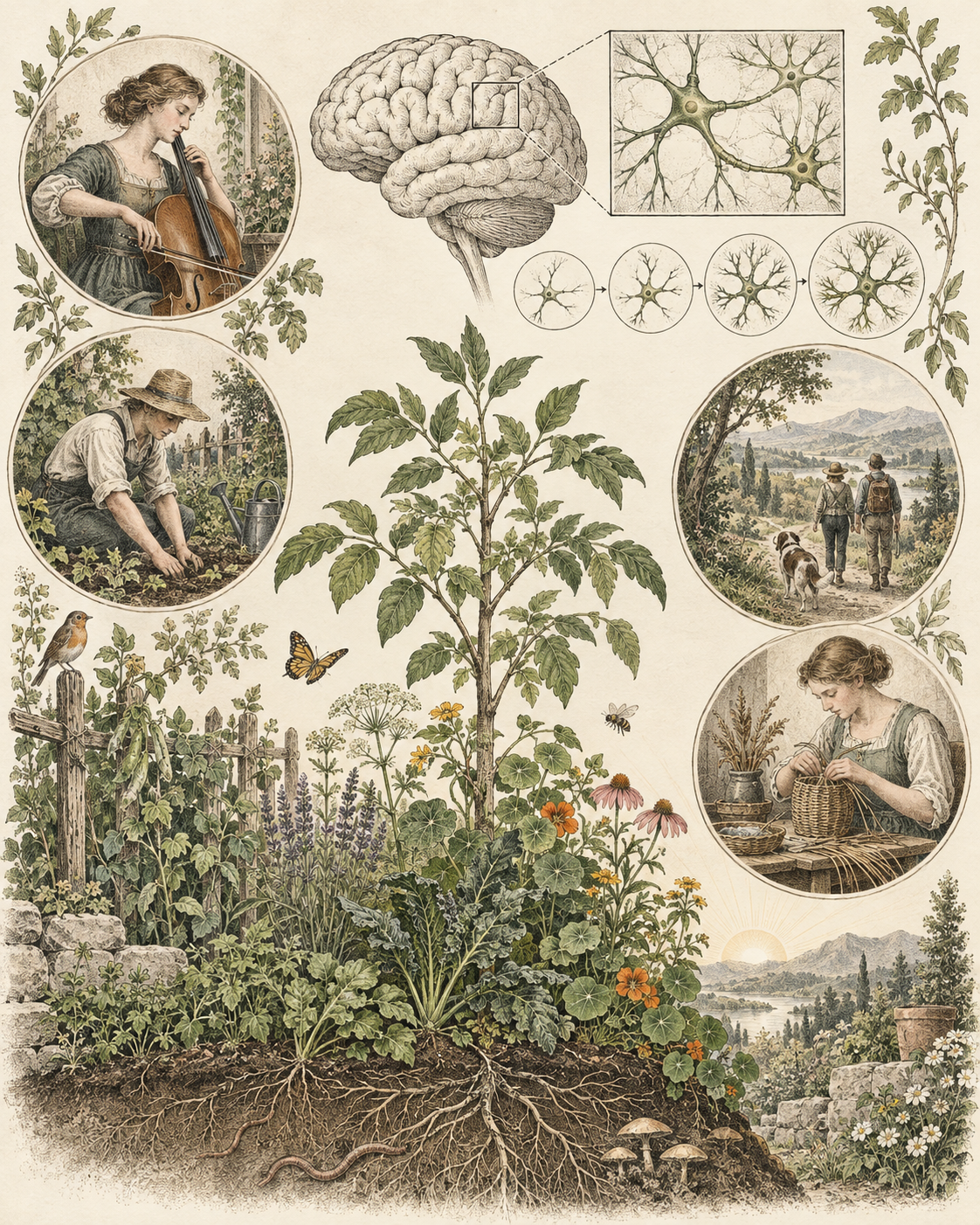 Vintage garden and neuron studies illustrating repeated reinforcement through everyday activities.