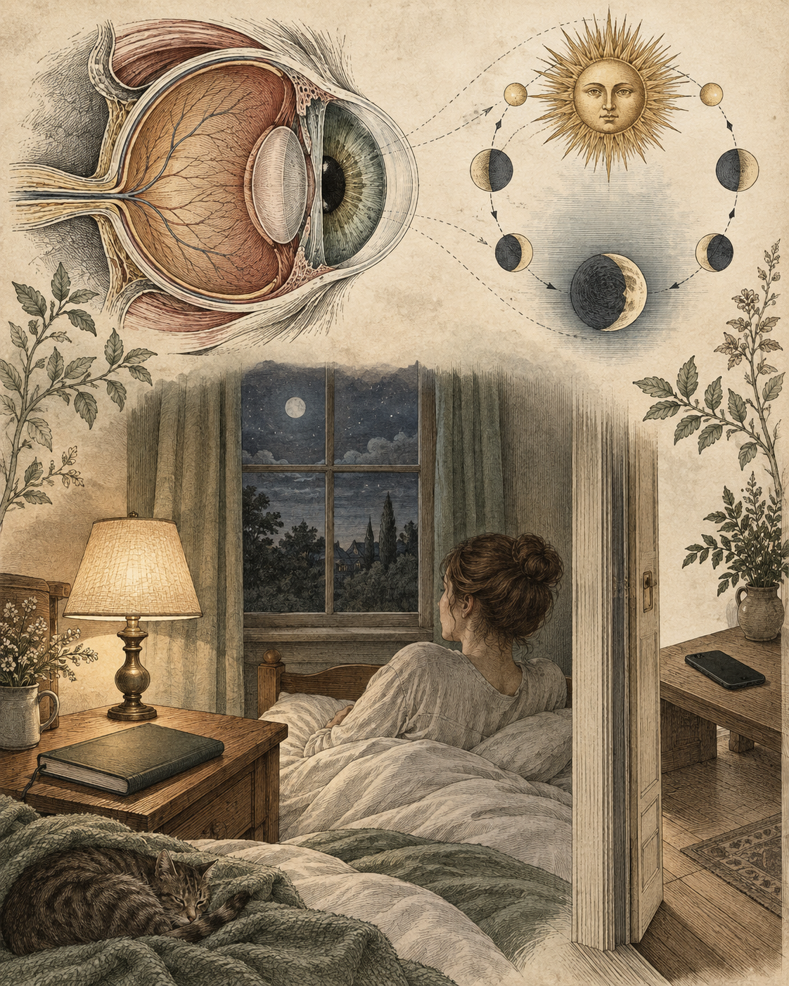 A dim bedroom and closed work supplies beside an anatomical eye study.