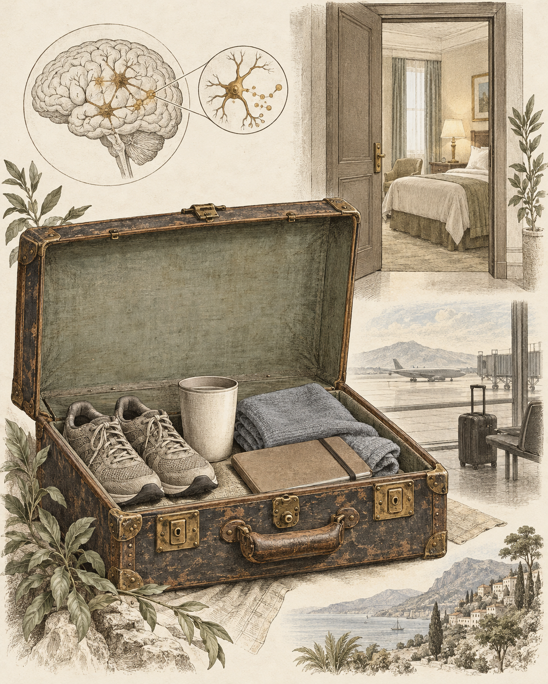 Vintage travel trunk illustrating portable familiar routine cues.