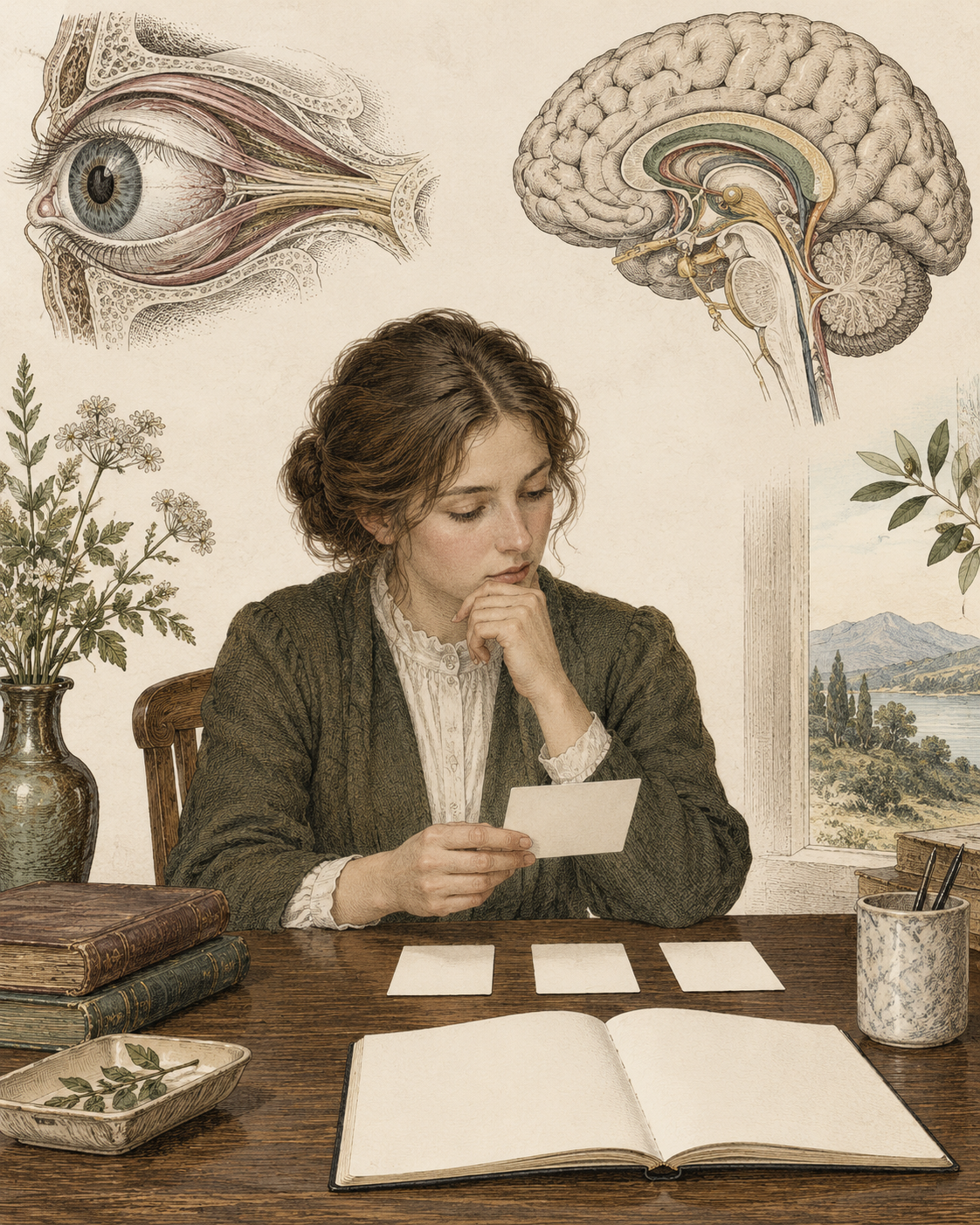 An adult sorting blank cards beside a journal, eye and brain studies.