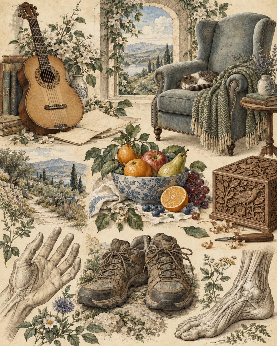 Vintage still life of music, movement, food, rest, and craft with anatomical hand and foot studies.