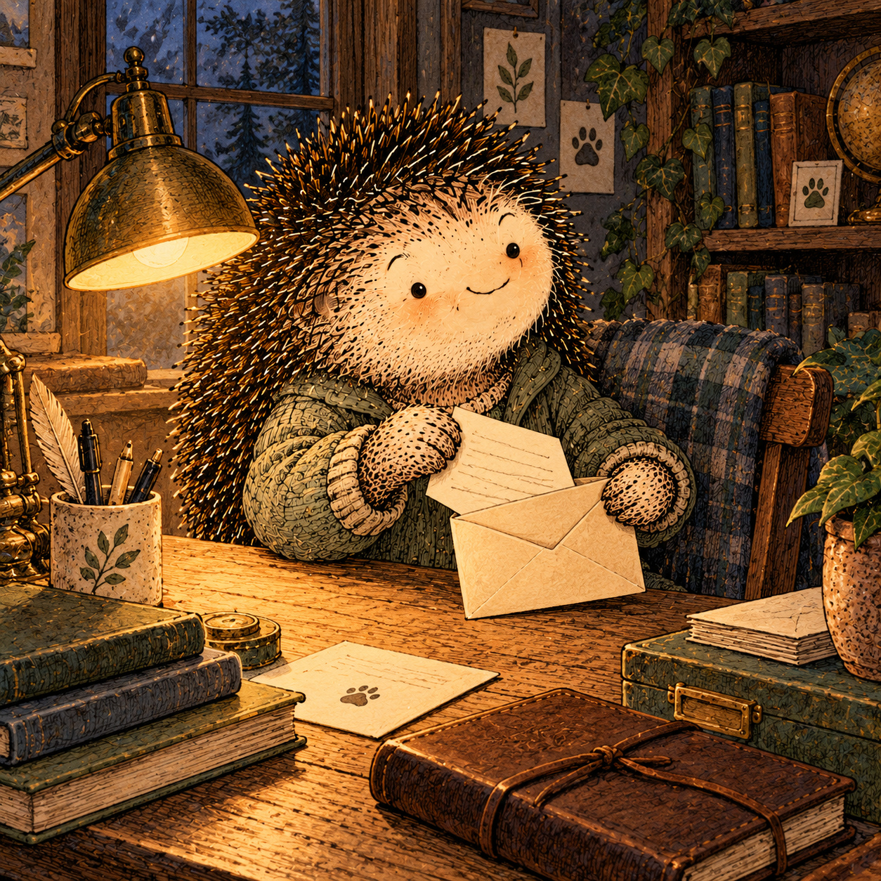 A gentle cream-faced, spiky-furred woodland companion exploring Day 363: Write the Letter You May Need Later