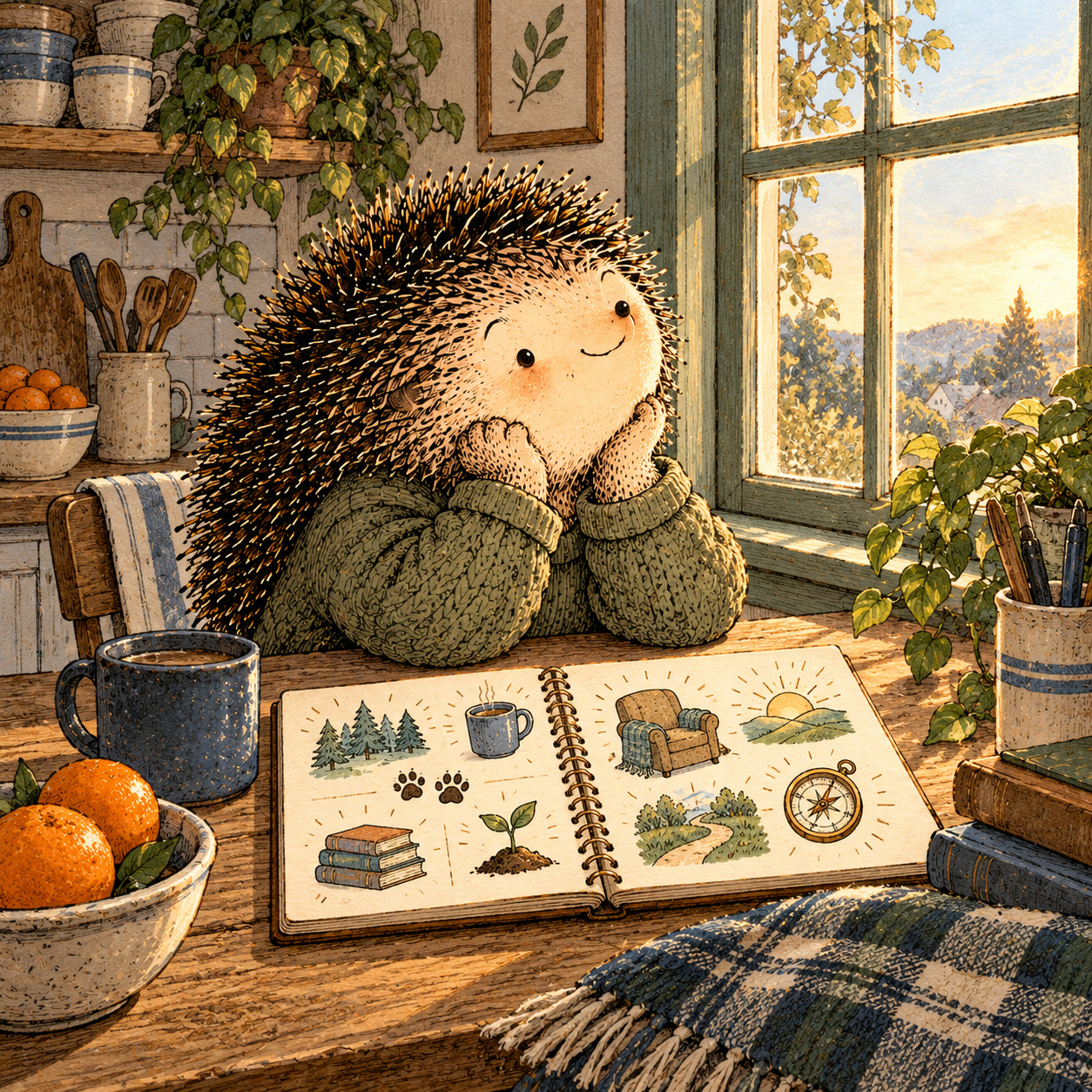 A gentle cream-faced, spiky-furred woodland companion exploring Day 362: What You Want the Next Year to Feel Like