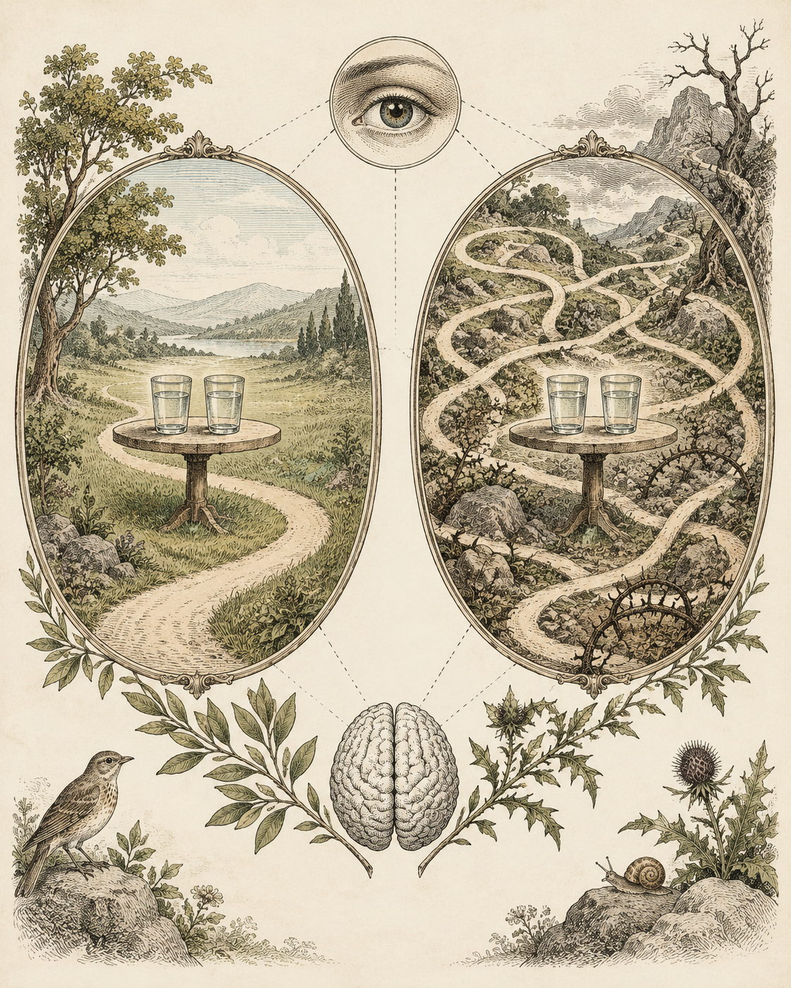 Vintage contrasting pathways illustrating different patterns around the same consumption.