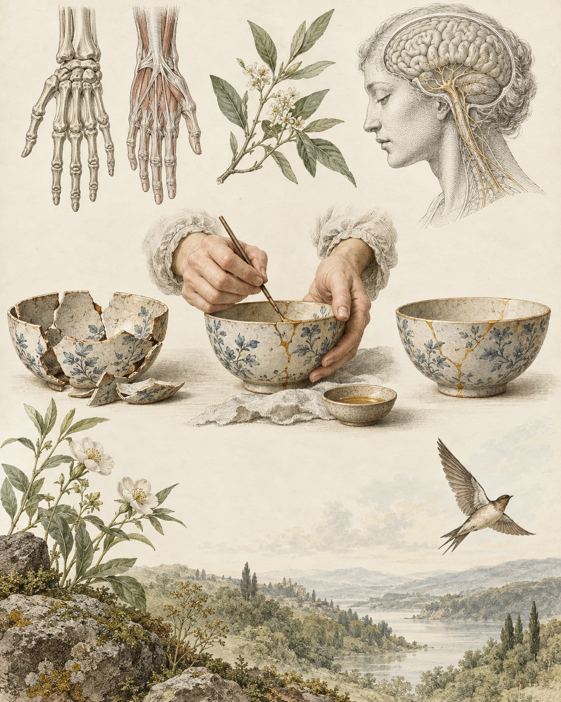 A cracked bowl, careful repair and restored bowl beside hand and neural studies.